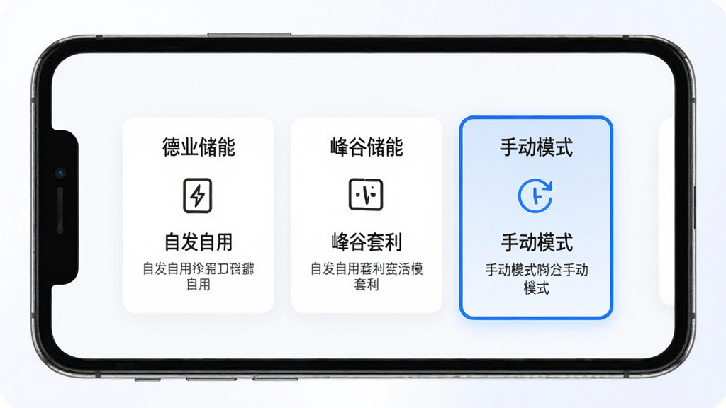 һ���ֻ�APP����ҳ��ĸ���ͼ����Ļ�����Կ�Ƭ��ʽչʾ����ҵ���ܡ������ֹ���ģʽ���Է����á�����������ֶ�ģʽ��ÿ��ģʽ���м���ͼ����˵�����֣���ǰѡ�еġ����������ģʽ������ʾ��ɫ�߿򣬱���Ϊ��͵�ǳ��ɫ������ɾ����࣬�Ű�������ͻ�������л��ı����