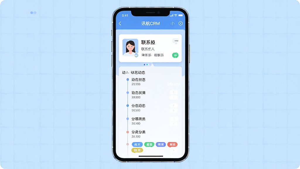 һ���ֻ�Ӧ�ý�ͼ�������ֲ廭����Ļ������ʾ��Ѷ��CRM���Ŀͻ�����ҳ��������ϵ�˿�Ƭ����̬ʱ����ͱ�ǩ���࣬����Ϊ����ɫ�������������������Ű���ֻ�ģ����ƣ�����ƽ�ɾ���ϸ�ڷḻ�������������޶���Ԫ��