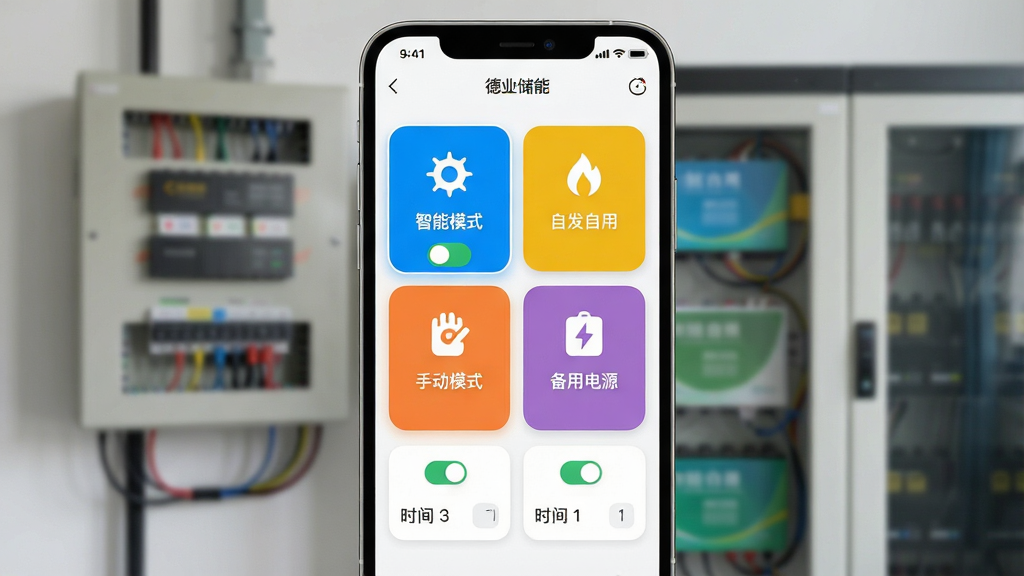 һ���ֻ�������ͼ��չʾ����ҵ���ܡ�APP��ģʽѡ����棬��Ļ�����ĸ���ɫͼ�꿨Ƭ���ֱ��ע������ģʽ�������Է����á������ֶ�ģʽ���������õ�Դ������ǰ������ģʽ����Ƭ������ʾ���ֻ��·�����Ϊģ��������������봢�ܵ�ع�ʵ�����������ֻ�UIΪ���壬���ô�ֱ��ͼ���Ű濨Ƭʽ��ƣ�Բ�Ǿ��Σ�ɫ�����¡����ΪUI/UXչʾͼ��ϸ�ڰ������ذ�ť��ʱ������ѡ����֡���ҵ���ܡ���������Ļ����״̬�������ʸ��壬���������������黯������ɾ���