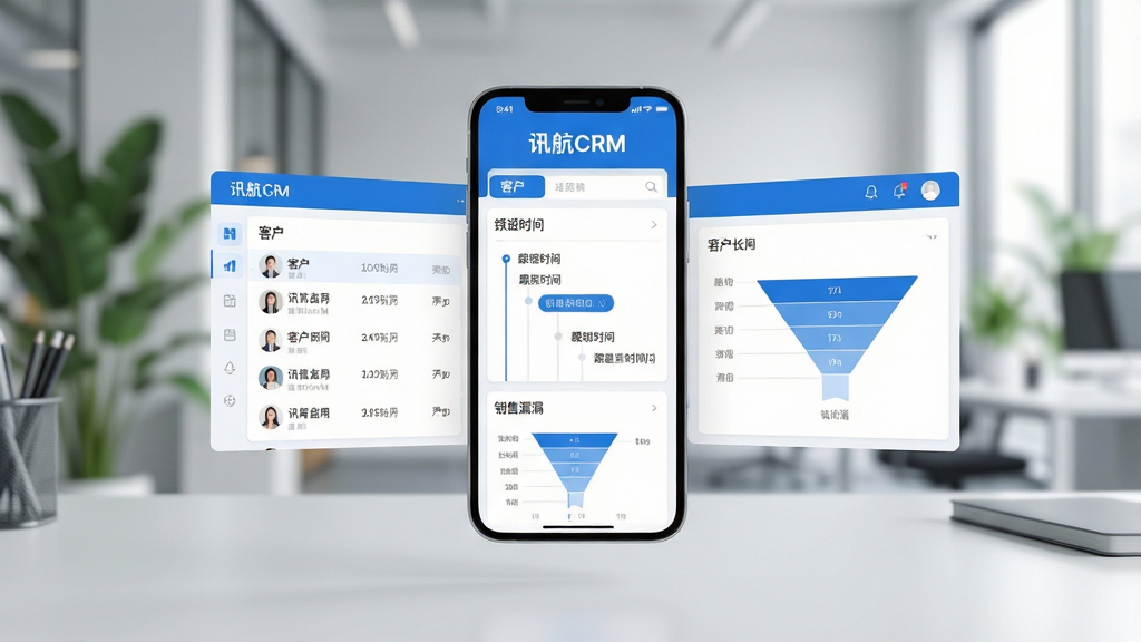 ��������Ϊһ�������ֻ������ڼ��칫���Ϸ�����Ļ������ʾ��Ѷ��CRM��Ӧ�������棬�����а����ͻ��б�������ʱ���ᡢ����©��ͼ����ģ�顣�������黯���ִ��칫�һ���������ֲ����Ȼ�⡣���ֲ����ֻ����С�����Ԫ��������չ��͸�ӸС��Ű�ɾ�������UI����ɫ�Ͱ�ɫΪ��ɫ������Ѷ��CRM�������������ֻ���Ļ���������Ϊдʵ3D��Ⱦ��ϱ�ƽ��UI��ϸ�ڷḻ�����ʸ��壬�ɾ��޶���Ԫ�ء�