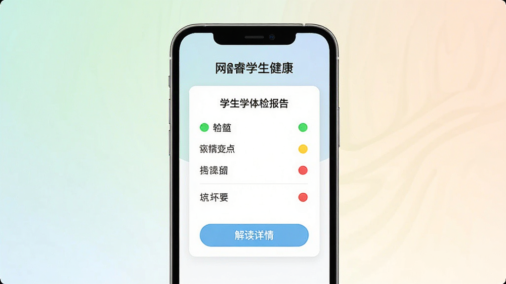 һ�š����ѧ��������App������ҳ��ģ��ͼ����Ļ����չʾһ��ѧ����챨�濨Ƭ������ָ����������ɫ����ɫ����ɫ״̬Բ�㣬�ײ��С�������顱��ť������Ϊ��͵Ľ����ɫ�������������죬���ʸɾ����޶���Ԫ��