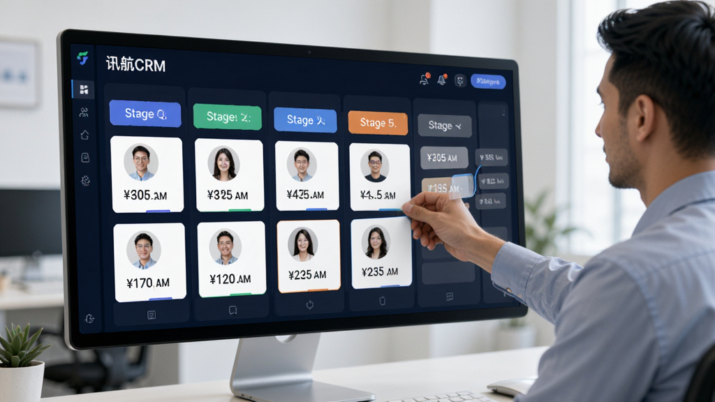չʾ��Ѷ��CRM�����۹ܵ�������ͼ����Ļ���ж��п�Ƭ������ͬ���۽׶Σ�ÿ�ſ�Ƭ����ʾһ���ͻ�ͷ��ͽ�һ������Ա������ק��Ƭ����һ�׶Σ���������дʵ�����������Զ������Ч���������ʸɾ���