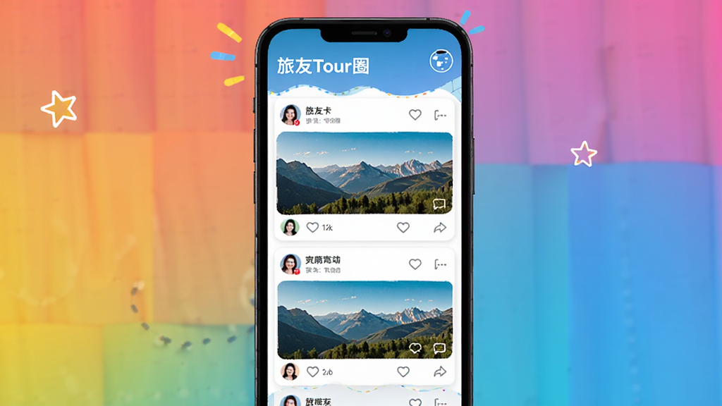 չʾ������Tour������Ȧ����Ľ�ͼ���ͼƬ����������һ���ֻ�����Ļ����ʾ�������ж�̬��Ƭ�������羰��Ƭ���û�ͷ�񡢵��޺�����ͼ�꣬�����ǽ���ɫ�飬�����Ű����룬ɫ�ʻ��ã����ʸɾ��޶���Ԫ��