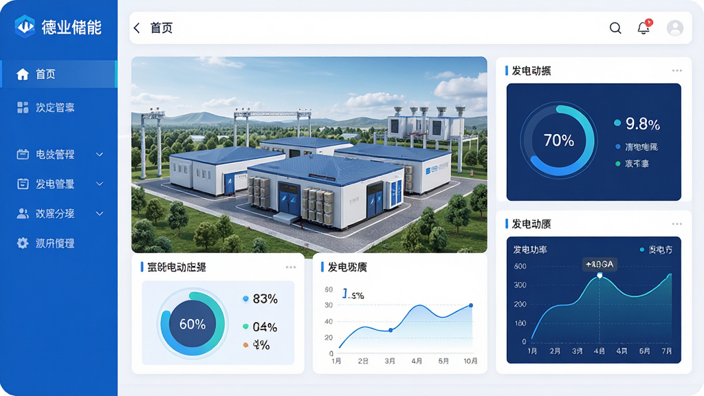主体:德业储能APP界面展示,画面中央显示储能电站全景与实时数据图表,布局:左侧为功能导航栏,右侧为主要数据面板,排版:采用卡片式布局,信息层级分明,风格:现代科技感,配色以蓝色和白色为主,细节:电池电量以环形图展示,发电功率曲线清晰可见,画质:高清渲染,干净无多余元素