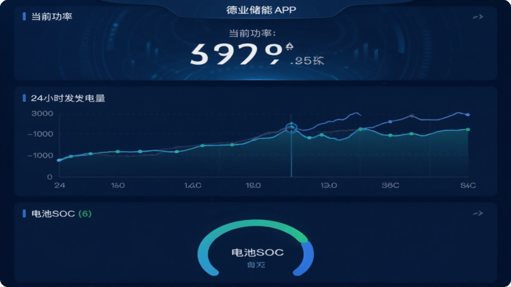 主体:德业储能APP的实时监控页面,布局:顶部为当前功率数字显示,中部为24小时发电量曲线图,底部为电池SOC环形进度,排版:数据标签清晰,图文结合,风格:深蓝色科技背景,细节:标注