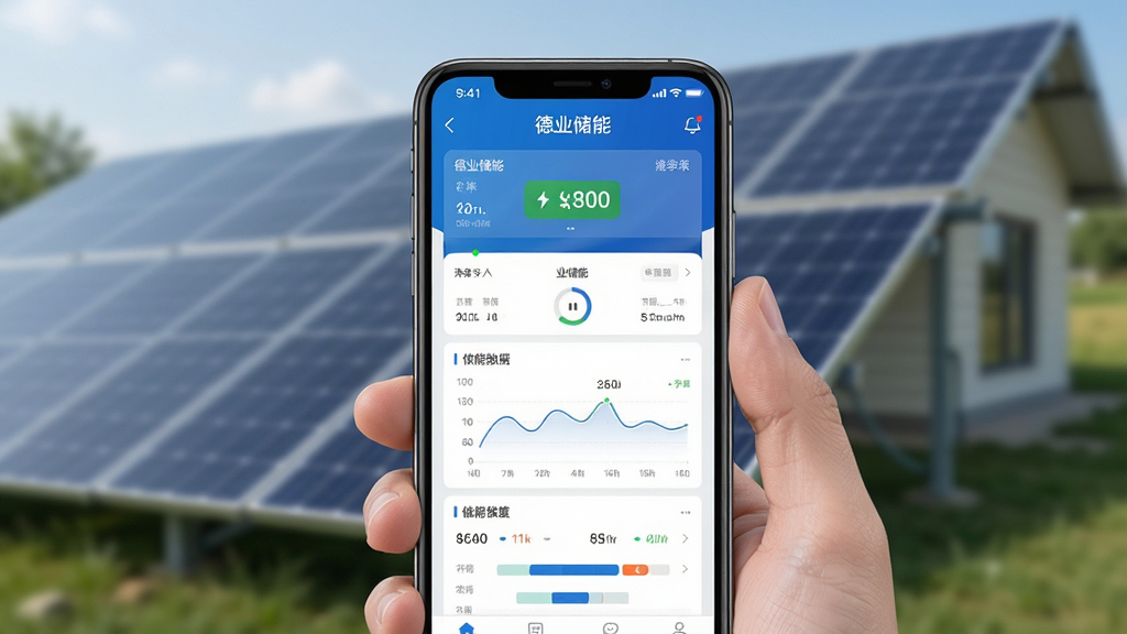 主体:用户正在使用手机APP查看储能数据,布局:手机位于画面中央,屏幕显示德业储能主界面,背景为家庭光伏电站,排版:突出手机屏幕内容,风格:写实摄影风格,细节:手机屏幕上有
