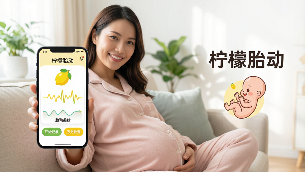 主体:一位孕妈妈微笑着坐在家中沙发上,手持手机,屏幕上显示“柠檬胎动”应用的胎动记录界面,界面中有可爱的柠檬图标和跳动的波形图。布局:孕妈妈位于画面中央偏左,手机屏幕朝向镜头,右侧留白处显示应用名称“柠檬胎动”和胎儿卡通形象。排版:手机界面清晰可见“开始记录”“胎动曲线”“历史数据”等按钮,整体UI简洁现代。风格:温馨、清新、写实与扁平插画结合。细节:孕妈妈穿着宽松的浅粉色家居服,背景是明亮的客厅,有绿植和柔光。画质:高清、干净、无多余元素。