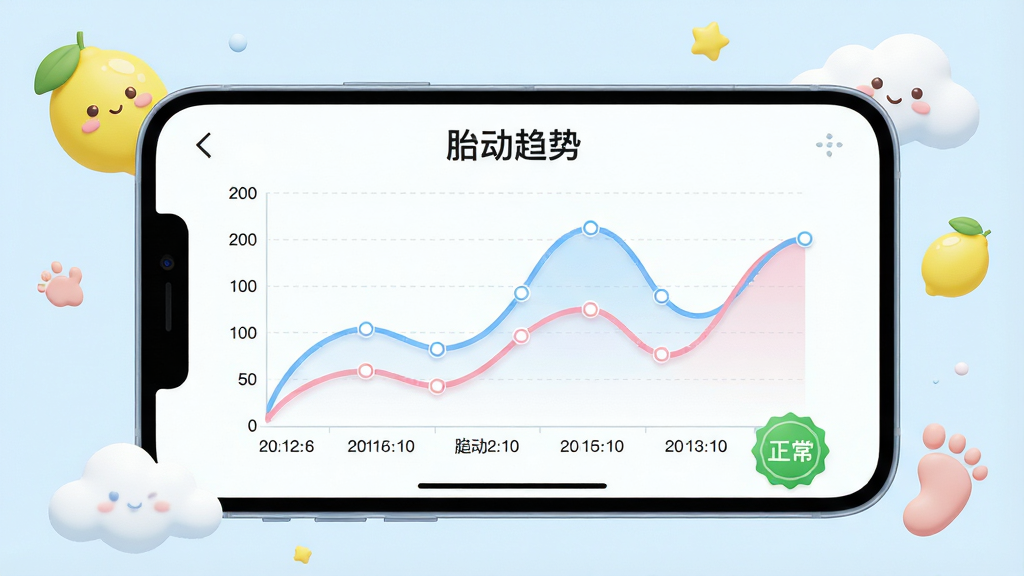 主体:智能手机横屏展示“柠檬胎动”的胎动曲线分析页面,屏幕上绘制蓝色与粉色的趋势线条,下方标注日期与胎动次数。布局:手机居中,周围漂浮着可爱的柠檬、云朵和胎儿脚印的卡通元素。排版:屏幕上方有“胎动趋势”标题,曲线图清晰,坐标轴刻度分明。风格:医疗科技感与可爱孕期风格融合,色彩柔和(淡蓝、浅粉、柠檬黄)。细节:曲线平滑,数据点有小圆点标记,界面右下角有“正常”绿色徽章。画质:高清渲染、干净、无多余元素。