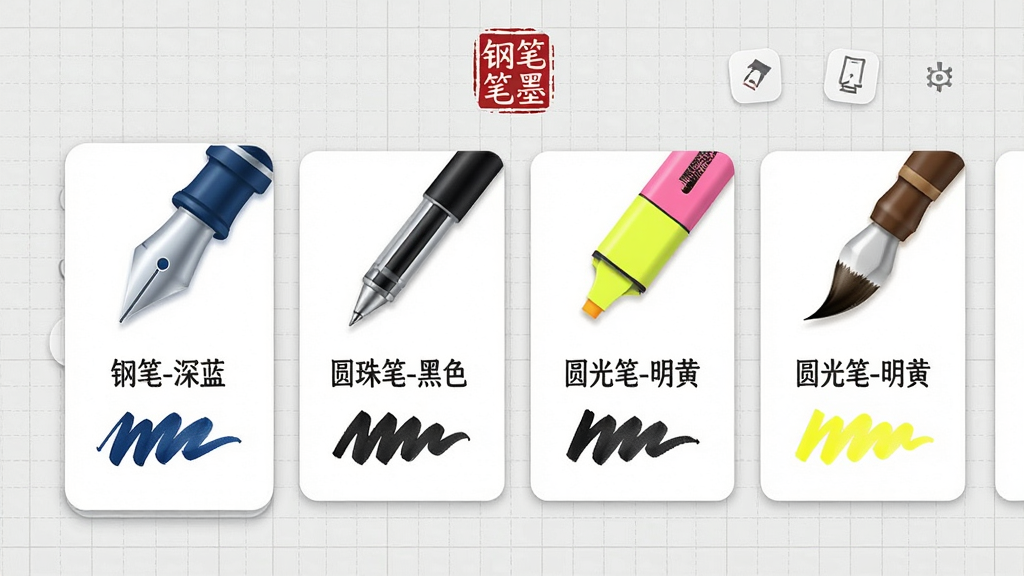 ͼƬ����Ϊ���ֱ�ī��Ӧ���ڵıʴ�ѡ����棬������ǳ��ɫ�ıʼǱ�����ֽ������������������Ÿֱʡ�Բ��ʡ�ӫ�����ë�����ֱ���ͼ�꣬ÿ�ֱ����·��ж�Ӧ��ī����дʾ�����硰�ֱ�-����������Բ���-��ɫ������ӫ���-���ơ�������Ϊ���һ���ʽ��Ƭ��ƣ���Ƭ�Ϸ��С��ֱ�ī���ĺ�ɫӡ��Logo������ƽ�����΢���ϸ��ǿ���ʼ���״��ī�����������ʸɾ��������޶���Ԫ�ء�