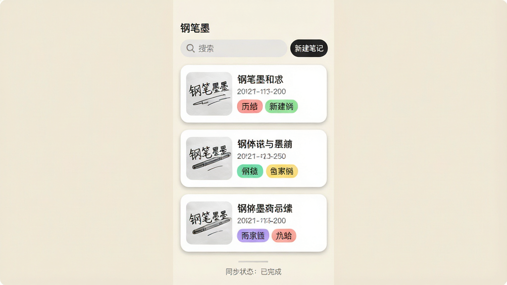 ͼƬ����Ϊ���ֱ�ī���������ֻ��ϵıʼ��б�ҳ�棬�������������͡��½��ʼǡ���ť���б�ÿ���ʼ��Կ�Ƭ��ʽչʾ����Ƭ�������д����ͼ���Ҳ���ʾ���⡢�������ǩ������Ϊǳ��ɫ������ײ��С�ͬ��״̬������ɡ��Ļ�ɫС�֡�����Ϊ���й���ʽ���Ű��������򣬷����ˬ��࣬ϸ�ڰ����ʼǿ�Ƭ��Բ����Ӱ���ɫ��ǩ�������ʸɾ����޶���Ԫ�ء�