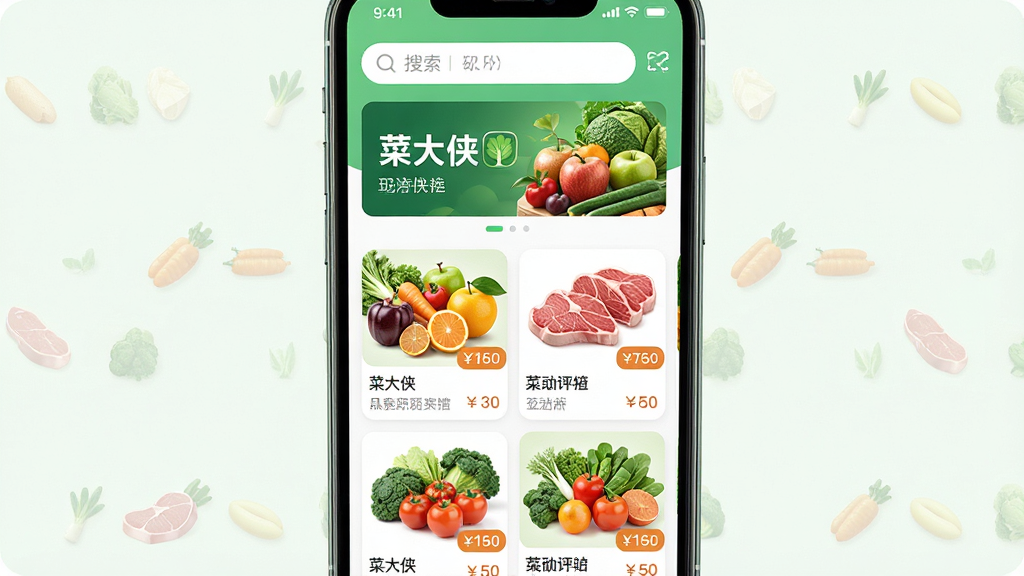 һ��չʾ�˴���APP���Ĺ��ܵ�Ԥ��ͼ������Ϊ�����ֻ���Ļ���棬��Ļ����ʾ�����߲ˡ�ˮ���������ʳ�ķ���ͼ�꣬���ֲ������½ṹ���Ϸ�Ϊ���������ֲ���棬�·�Ϊ����״������ڣ��������������ϸ�ڰ���ʳ�ĵĸ���ͼƬ�ͼ۸��ǩ�����������ɾ����޶���Ԫ�أ�ͼƬ���������עΪ���˴�����