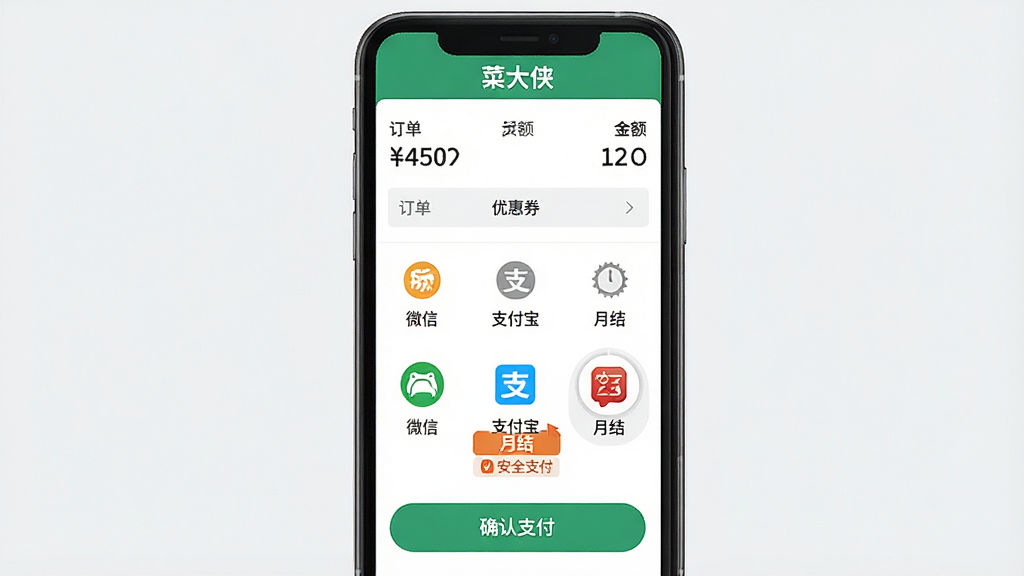 һ�Ų˴���APP����ҳ��Ľ������ͼ������Ϊ�ֻ���Ļ����ʾ�������Ż�ȯ��֧����ʽѡ�΢�š�֧�������½ᣩ������Ϊ�������У��Ϸ�Ϊ�����ܣ��м�Ϊ֧����ʽͼ���б����·�Ϊȷ��֧����ť�����������ϸ��ͻ�����½ᡱ��ǩ�͡���ȫ֧�������������ʸɾ��������޶���Ԫ�أ��������ע���˴�����