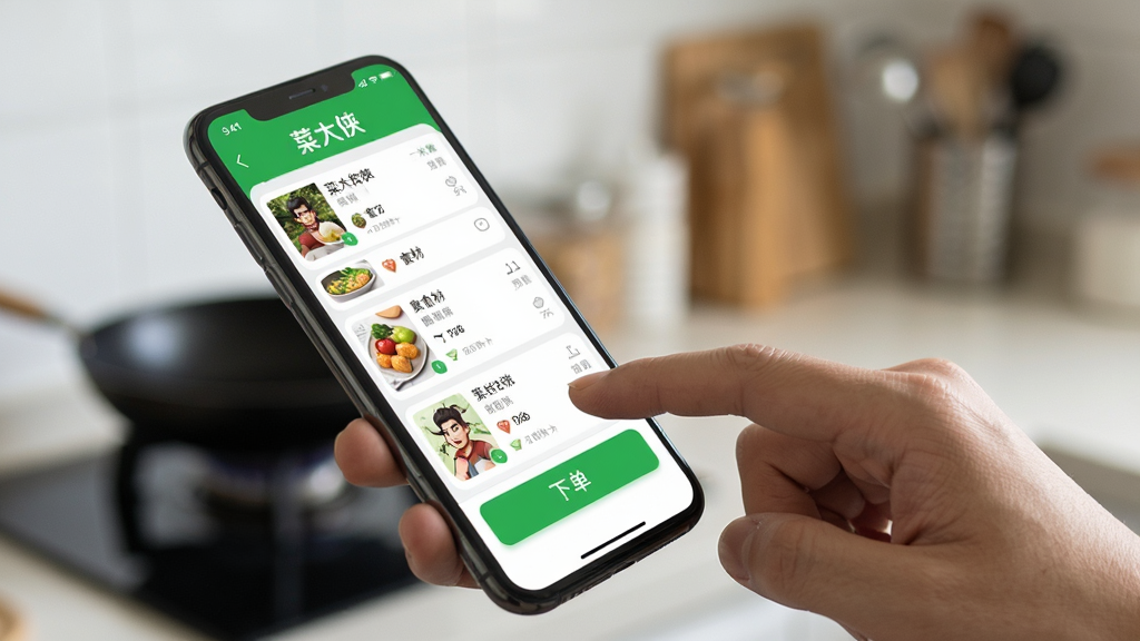 һ�Ų˴���APP���ֻ������е�ʵ��ͼ������Ϊ�ֳ��ֻ�չʾ�����棬����Ϊģ���ĳ������������ֲ��ò��ӽǶȣ��ֻ���Ļ������ʾʳ���б����µ���ť�������Ȼ��ʵ��ϸ�ڰ�����ָ�����Ļ���������ʸ���ɾ����޶���Ԫ�أ��ֻ���Ļ���ע���˴�����