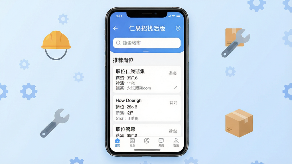 ��������Ϊһ�������ֻ���Ļռ���Ӿ����ģ���Ļ������չʾ���������һ�桱APP����ҳ���棬�Ϸ���ʾ��λ�������������м�Ϊ�Ƽ���λ��Ϣ����Ƭ������ְλ���ơ�н�ʴ�������������ֱ�ǩ���·�Ϊ�ײ������������ֲ����ֻ����й�ͼ������Ϊ��͵�ǳ��ɫ���䣬���伸ö������ҵͼ�꣨��ȫñ�����֡�����䣩���Ű�ɾ����򣬷��Ϊ�ִ���ƽ��UI��ƣ�ϸ�ڳ��ֽ����е����������������ɶ������ʸ��壬�ɾ��޶���Ԫ�ء�