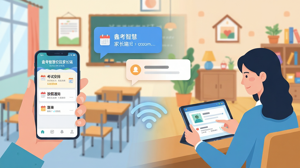 主体:家长手机与老师电脑通过无线信号连接,中间浮现对话气泡与通知卡片;布局:左右对称构图,左侧为家长手持手机,右侧为老师使用平板,背景为教室与家庭场景融合;排版:简洁直观,图标化表达,色彩清新;风格:现代科技感插画,扁平化设计;细节:手机屏幕显示“鑫考智慧校园家长端”通知列表,包含“考试安排”、“放假通知”等条目;画质:高分辨率,干净,无多余元素。