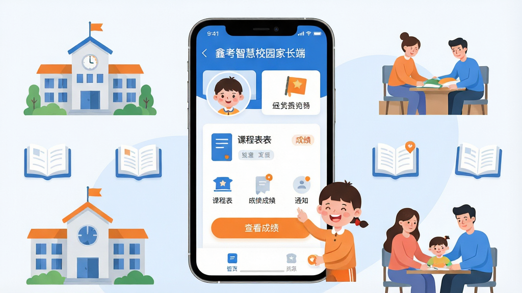 主体:手机屏幕展示“鑫考智慧校园家长端”主界面,包含孩子头像、课程表、成绩单、通知图标等元素;布局:居中构图,手机模型置于画面中央,周围环绕校园建筑、书本、家长与孩子互动等扁平化图标;排版:界面UI清晰,功能分区明确,色彩以蓝色和白色为主,辅以橙色点缀;风格:现代简约扁平插画风,科技感与温馨感并存;细节:屏幕内显示“鑫考智慧校园家长端”字样,家长点击“查看成绩”按钮,孩子笑脸相迎;画质:高清渲染,干净,无多余元素。