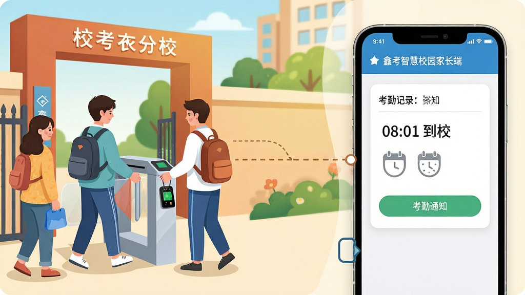 主体:校园大门处学生刷卡通行,家长手机同步收到考勤通知;布局:场景插画,左侧为校门与闸机,右侧为手机通知弹窗,中间以虚线连接;排版:信息层级分明,色彩明亮;风格:写实与扁平结合,温馨安全氛围;细节:手机屏幕显示“鑫考智慧校园家长端”考勤记录,标注“08:01 到校”;画质:清晰干净,无多余元素。