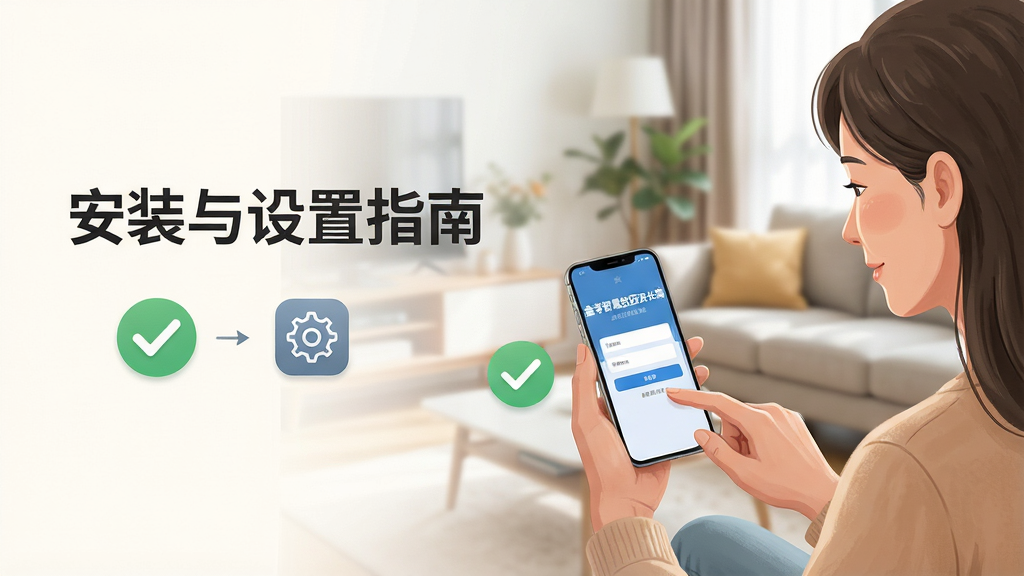 主体:家长拿着手机按照屏幕步骤操作,旁边有对勾与设置图标,背景为现代家居客厅;布局:人物位于右侧,左侧大面积留白并标注“安装与设置指南”文字;排版:清晰步骤引导,色彩柔和;风格:真实摄影与插画结合,明亮温馨;细节:手机屏幕显示“鑫考智慧校园家长端”登录界面;画质:高清,干净,无多余元素。