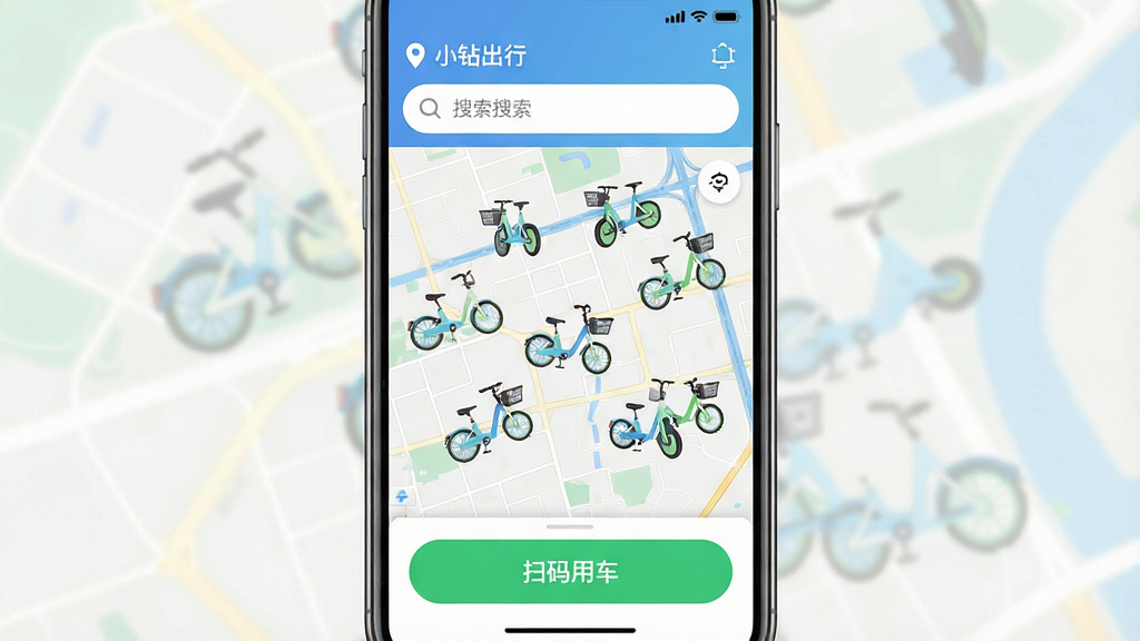 һ�Ÿ����ֻ���ͼ��չʾС�����App�������棬������ʾ��λ���������м��ǵ�ͼ���ֲ����������絥��ͼ�꣬�ײ��С�ɨ���ó�����ɫ��ť���������������ִ���ƽ����Ʒ��ɫ�����£����ʸɾ����޶���Ԫ��