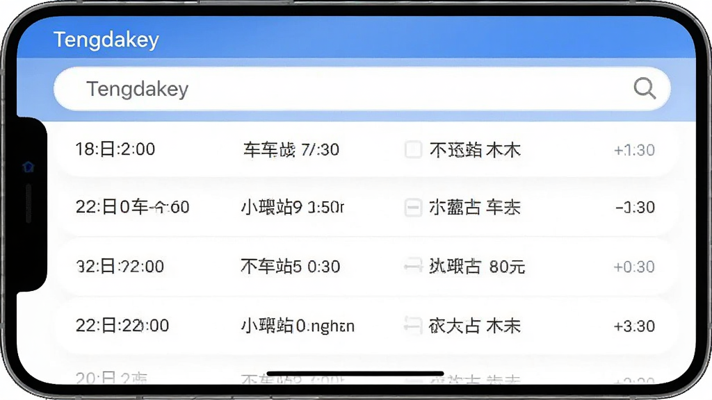 ����Ϊ�ֻ�Ӧ�ý����ͼ���ͼƬ��չʾTengdakey�İ�β�ѯ���ҳ�棬�Ϸ�Ϊ���������·����б���ʽ�������г���ʱ����վ�����ƣ�����Ϊ���½ṹ���Ű������������ִ���ϸ��ͻ�������׶��ԣ����ʸ���ɾ����������Ͻ���ʾ