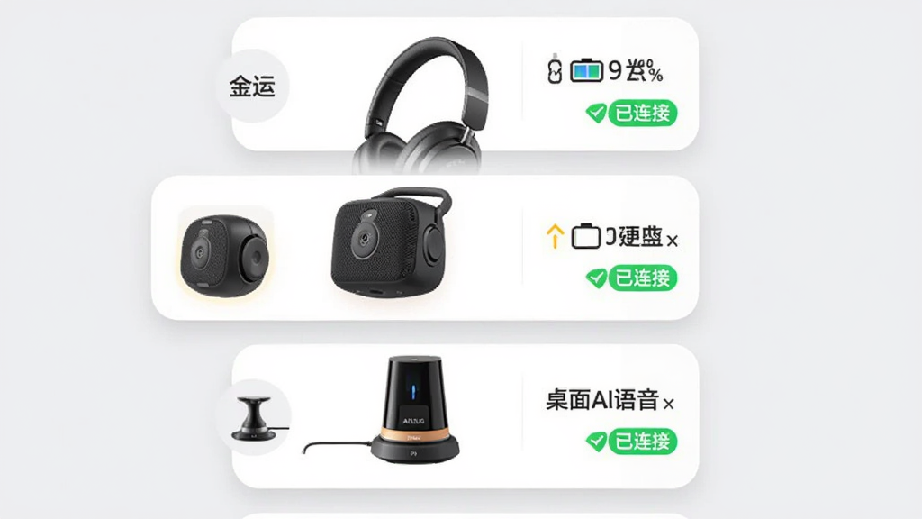 ����APP�豸�б������ͼ���ʾ��ͼ������������������������˲�Ʒ��Ƭ���ֱ���ͷ��ʽ��������Я��������������AI�������֣�ÿ�ſ�Ƭ�Ҳ���ʾ�����ٷֱ��롰�����ӡ���ɫ��ǩ������Ϊ����ɫ����ƬԲ����Ӱ���ԣ��ִ�UI��ƣ�ϸ�����������ʸɾ����޶���Ԫ�أ�������ͳһ��ͻ�������ˡ��������Ӳ���ĺ���������