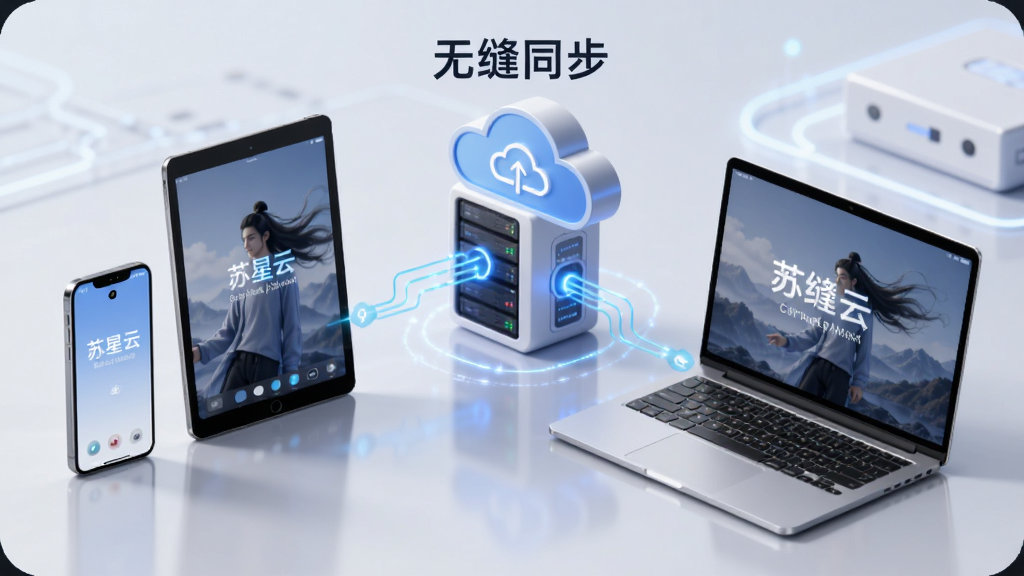 �����Ʒ�����豸ͬ��ʾ��ͼ����������һ̨�ֻ���һ̨ƽ���һ̨�ʼǱ�����Χ���ƶ˷������������������Ӹ��豸������Ϊǳ��ɫ�Ƽ��г�������ע
