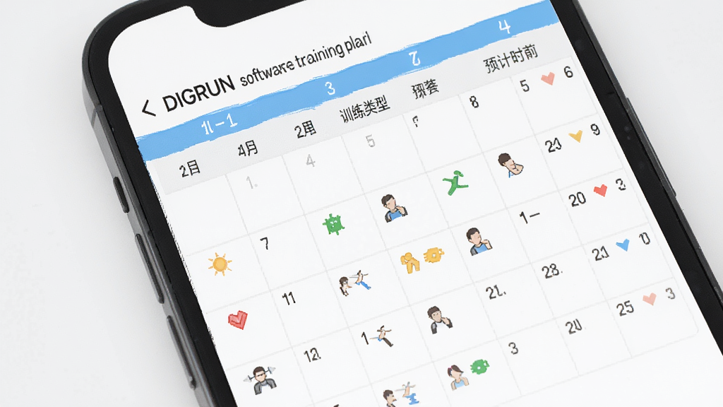 一张DIGRUN软件训练计划页面的概念图,主体为手机屏幕展示一周训练安排表,包含日期、训练类型和预计时长,布局以日历表格形式呈现,排版整齐,风格清爽明亮,细节用不同颜色图标区分训练强度,画质干净无多余元素