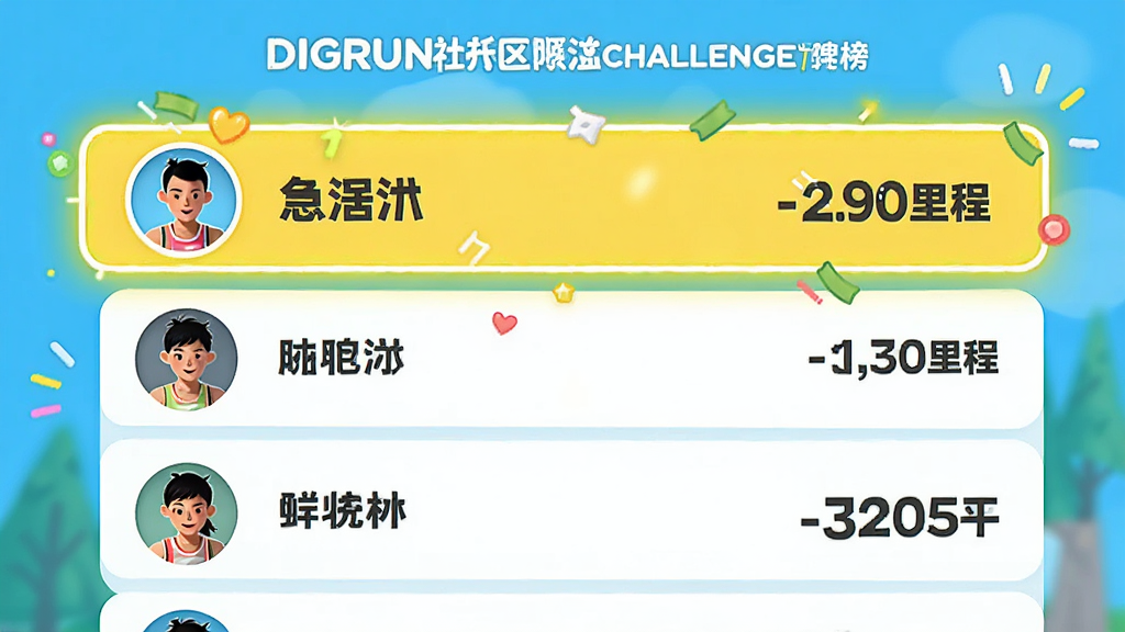 一张DIGRUN社区挑战排行榜界面,主体为排行榜列表显示用户头像、昵称和跑步里程,布局为列表式,排版统一,风格活泼明亮,细节高亮第一名,画质干净无多余元素