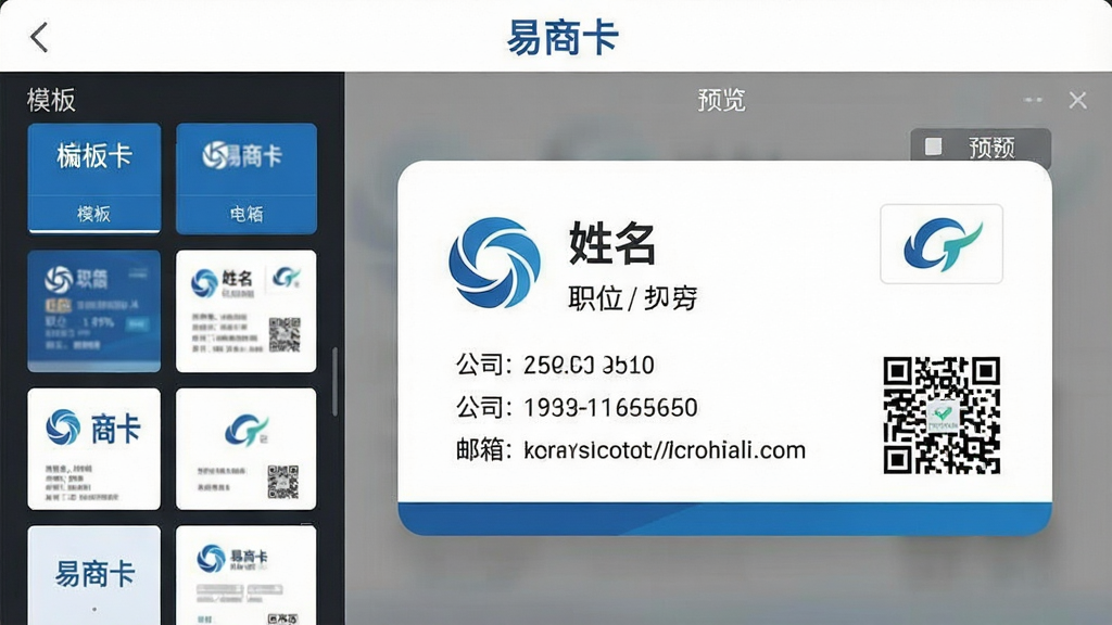 һ�ŵ�����Ƭ����ƽ����ͼ������Ϊ�����̿���APP����Ƭ�༭ҳ�棬�����ģ��ѡ�������Ҳ���Ԥ��������Ƭ����ʾ������ְλ����˾���绰���������Ϣ����������ҵLogo�Ͷ�ά�룬���岼�ֶԳƣ��Ű����࣬����ƽ����ɫ�����������Ͱ�ɫΪ����ϸ�����������ʸɾ����޶���Ԫ�أ����涥����ʾ�����̿�������