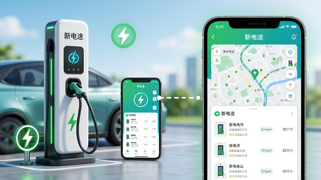 ���壺����Դ��������ʹ�ó��׮��磬�ֻ���Ļ��ʾ�µ�;App���棬��������ɫ��Դͼ���������š����֣����Ϊ������糡�����Ҳ�Ϊ�ֻ�Ӧ�ý���Ŵ�չʾ���м����������ӱ�ʾ�������Ű棺���������ͻ���ֻ�App�복���Ļ�����ϵ������ִ��Ƽ��У�ɫ����������ɫ����ɫΪ��ɫ����ϸ�ڣ����׮����ʾ���µ�;���������ֻ���Ļ�е�ͼ�ͳ��׮�б������ʣ�������Ⱦ���ɾ����޶���Ԫ�ء�