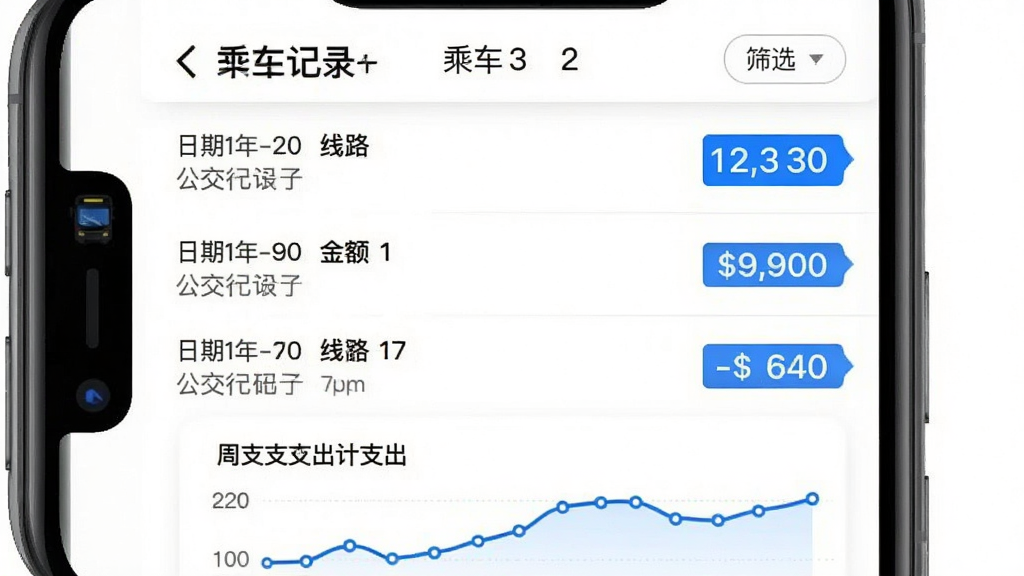 ���壺�����������롱App���г̼�¼ҳ���ͼ���б���ʾ�����˳���¼�����֣��ֻ��������У��б����ϵ������У�ÿ����¼�������ڡ���·�����Ű棺��������룬���ͻ����ʾ���ײ���ͳ��ͼ������񣺼������磬��ɫ��������ɫ���֣���ɫ������ϸ�ڣ������С��˳���¼�����⣬ɸѡ��ť��ͼ����ʾ��֧�����ߡ����ʣ��ɾ����޶���Ԫ�ء�