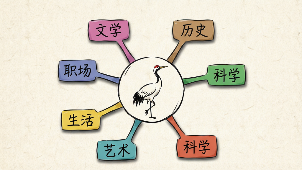 画面主体为圆形知识图谱,中心为仙鹤图案,四周放射出多个彩色标签,标签上分别写着“文学”“历史”“科学”“艺术”“生活”“职场”,背景为浅米色宣纸纹理。布局为中心放射式,排版均衡。风格为信息图结合手绘元素,细节包括线条与标签阴影。画质干净,无多余元素。