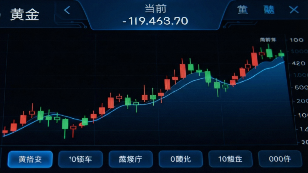 �ƽ�Ӧ��ʵʱ����ҳ���ͼ��д��������ʾ���ƽ������뵱ǰ�۸��м�Ϊ�����ķ��Ӽ�K�߶�̬ͼ����ɫ������ɫ�µ����ײ������Ŷ���ɵ�������ڰ�ť������UI�������ڿƼ�����ɫ���Ű�����������������ɾ��޶���Ԫ��