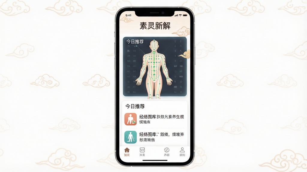 主体:手机屏幕展示“素灵新解”主界面,界面顶部有软件名称“素灵新解”字样,中部显示经络穴位图与养生文章列表,底部为功能导航栏。布局:手机居中,界面清晰,四周留白舒适。排版:界面元素排列整齐,文字可辨,色彩柔和。风格:现代扁平化设计,带有轻微的中国风元素,如祥云底纹。细节:界面中展示“今日推荐”、“经络图库”等模块,图标精致。画质:高清,干净,无多余元素。