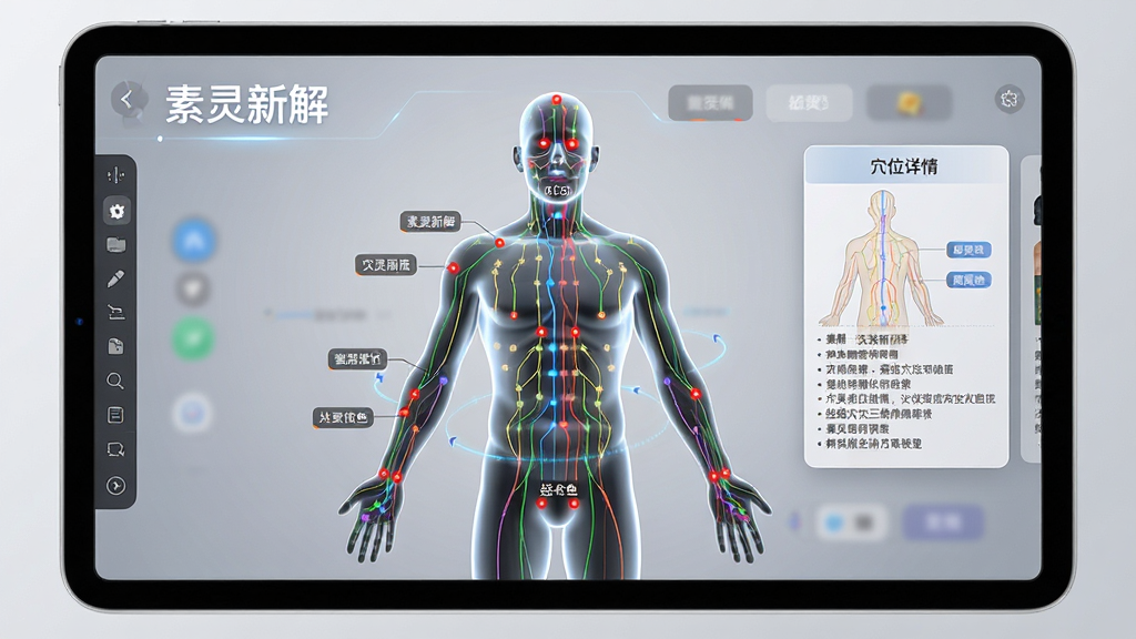 主体:平板电脑上展示“素灵新解”的经络穴位三维图解,可以看到半透明的人体模型上标注着彩色经络线与穴位点,右侧有穴位详情卡片。布局:平板横屏显示,模型居中,工具栏在边缘。排版:穴位标签清晰,详情卡片文字易读。风格:科技感与医学感结合,背景为浅灰色渐变。细节:人体模型可旋转,穴位点上有红点标记。画质:高清渲染,干净,无多余元素。