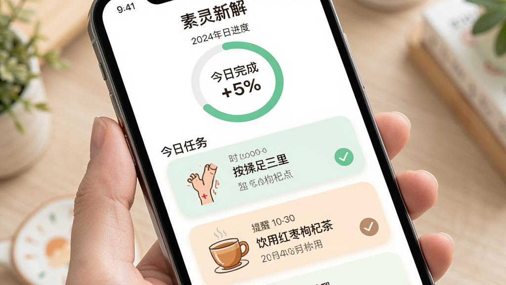 主体:手机屏幕展示“素灵新解”的个性化健康计划页面,上方是日期与进度环,下方以卡片形式列出今日任务,如“按揉足三里”、“饮用红枣枸杞茶”。布局:纵向列表布局,卡片圆润,色彩清新。排版:任务条目有序,时间醒目,完成状态有勾选标记。风格:温馨生活化风格,配以插画图标。细节:进度环显示今日完成百分比,任务卡片有提醒时间。画质:高清,干净,无多余元素。