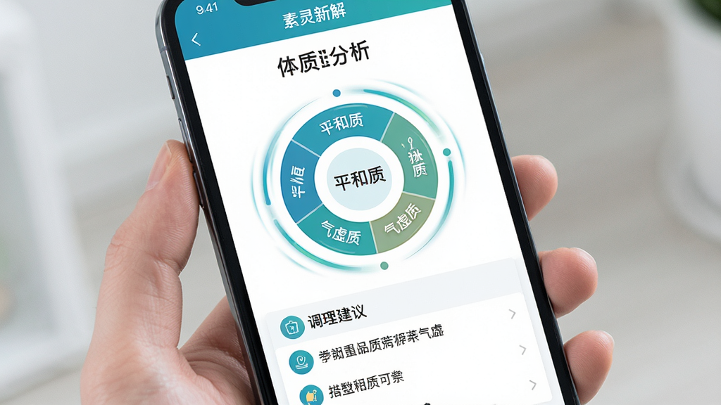 主体:手机屏幕上显示“素灵新解”体质测评结果页面,页面中央是一个圆形的体质分析图,图中标明“平和质”、“气虚质”等字样,下方列出调理建议。布局:手机竖屏显示,页面数据可视化清晰。排版:图表简洁美观,文字说明对齐工整。风格:医疗健康类应用风格,使用蓝绿色系。细节:分析图带有动态效果,建议条目带有小图标。画质:高清,干净,无多余元素。