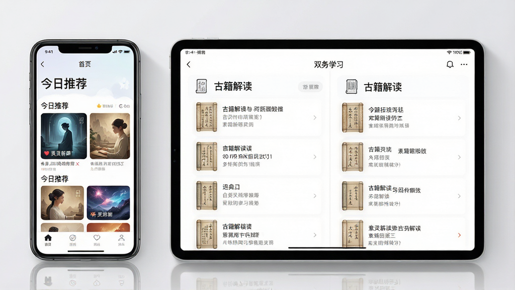 主体:手机与平板并排展示“素灵新解”应用界面,手机竖屏显示首页,平板横屏显示双栏学习页面。布局:两者居中排列,背景浅灰。排版:设备屏幕清晰,内容可辨。风格:科技感展示,光影柔和。细节:手机界面显示“今日推荐”,平板界面显示“古籍解读”列表。画质:高清,干净,无多余元素。