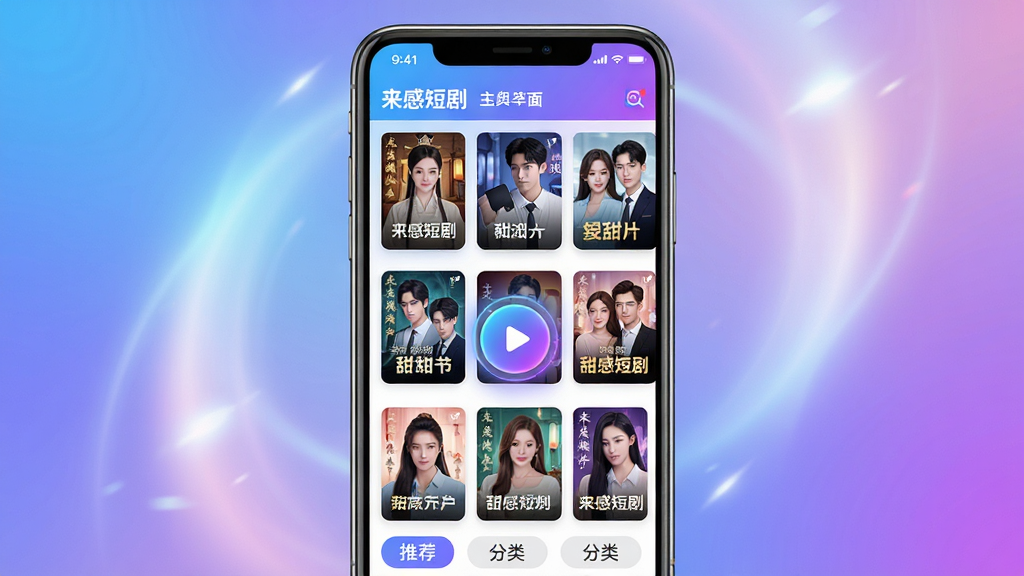 ���壺���ж̾�APP�����棬�ֻ���Ļ����չʾ���Ŷ̾����ǽ�������в��Ű�ť�����֣��ֻ����У��������ף�����Ϊ����ɫ��Ч���������·ֲ��Ƽ�λ������ǩ���Ű棺�ִ���Լ����Ƭʽ���֣�����ͼ�������У����ֱ�ǩ���������ʱ�г������������ữ����ɫ�ʣ�����ɫ��������Ӱ��ͣ�ϸ�ڣ���Ļ����ʾ�����ж̾硱�������̾��������죬�����ŷ硢�ִ�������Ԫ�أ����Ű�ť�й�����Ч�����ʣ�4K���壬�ɾ��޶���Ԫ��