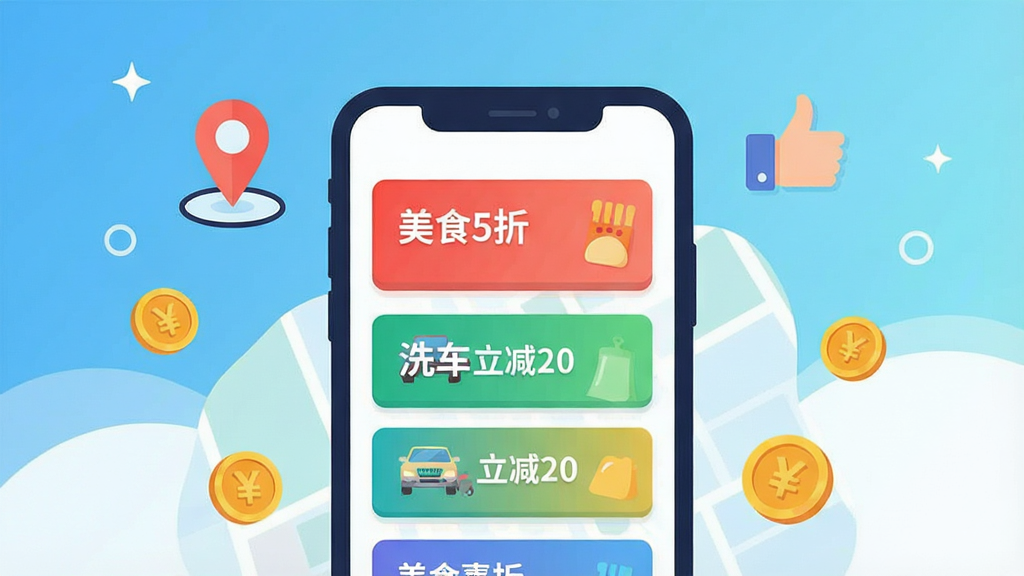 һ����ƽ�����Ĺ���ʾ��ͼ�����������ǷŴ���ֻ����棬��Ļ���ò�ɫ��Ƭ��ʽ�����š���ʳ5�ۡ�����ϴ������20�����Ż���Ŀ���ֻ���ΧƯ���Ŵ���λ�ö�λ�ĵ�ͼ����ͼ�ꡢ�����Ƽ���Ĵָ����ͼ���Լ�����ʡǮ��Ӳ��ͼ�ꡣ�����������µ����׽���ɫ���������Ի��á�ͼƬ���Ϊ�ִ��廭��������࣬ɫ�����죬��������������ɾ����޶���Ԫ�ء�