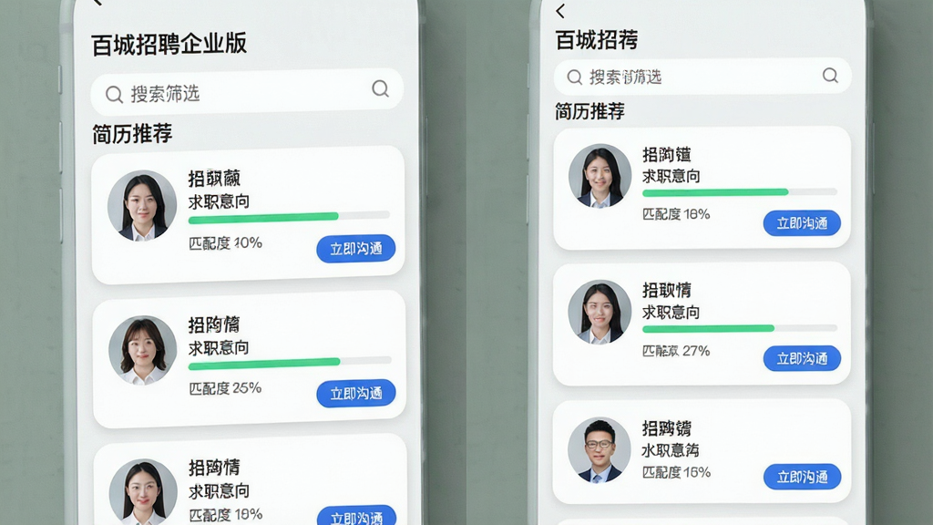 ���壺�ٳ���Ƹ��ҵ��APP�ġ������Ƽ������棬չʾ��λ��ѡ�˿�Ƭ������ͷ����������ְ����ƥ��Ȱٷֱȣ����֣���Ƭʽ�б�����Ļ�Ϸ�Ϊ����ɸѡ�����Ű棺�б���ֱ���У���ƬԲ����ƣ�����ִ��ƶ���UI���ǳɫ��������Ƭ����΢��Ӱ��ϸ�ڣ���Ļ���Ͻ���ʾ���ٳ���Ƹ��ҵ�桱������ƥ����Խ�������ʾ���С�������ͨ����ť�����ʣ����壬�ɾ����޶���Ԫ��