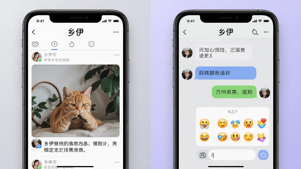 һ�ŷ����Ա�ͼ����벿��Ϊ��������APP�Ķ�̬�㳡��Ϣ����չʾ������������Ƭ�����֣��Ұ벿��Ϊ���촰�ڣ���ʾ�Ի���ͱ�����塣����Ϊ����ɫ����ǳ�ҹ��ɵ�����ɫ����ͼƽ�⣬UI����ϸ�����������Ϊ�ִ�����UIչʾͼ��ǿ�����ܲ��֡����ʸ��壬�޶������ֺ�Ԫ�ء�