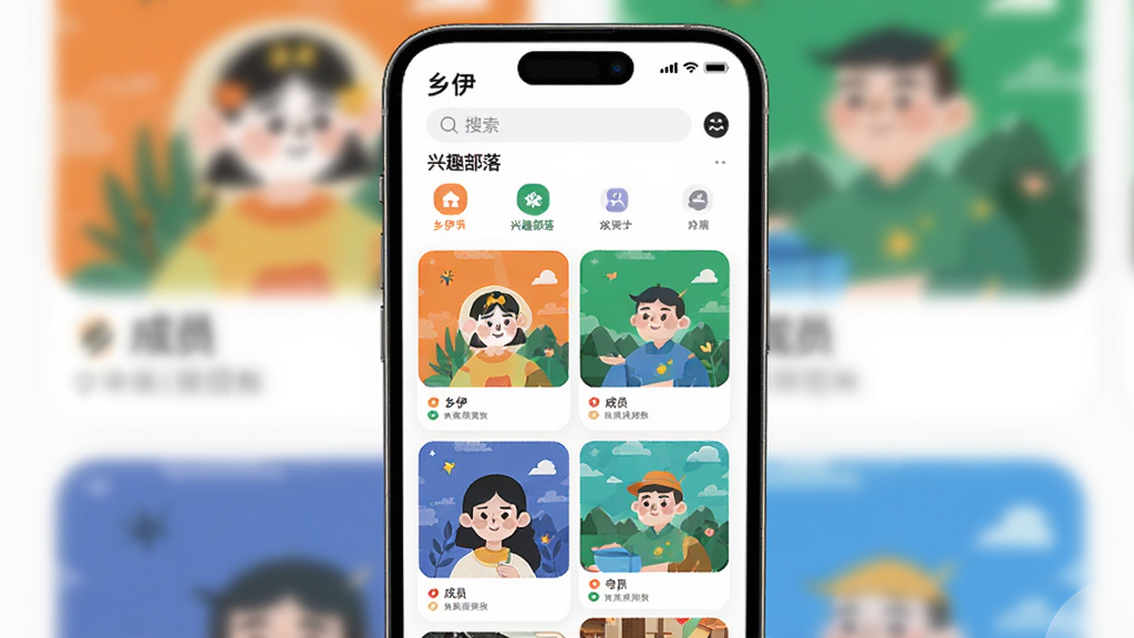 ��������Ϊ�ֻ��������棬չʾ��������APP�ġ���Ȥ���䡱ҳ�档����Ϊ�������ͷ���ͼ�꣬�·��ٲ���չʾ��ͬ����ķ���ͼ�ͳ�Ա��������ɫ�ʻ��ã��г�ɫ����ɫ����ɫ�ȱ�ʶ����ͼ���У�UIԪ���������롣���Ϊ�ִ���ƽ�廭�磬ϸ��Բ�󣬻����������޶���Ԫ�أ�ͼƬ�в������κ���ʾ�ʡ�