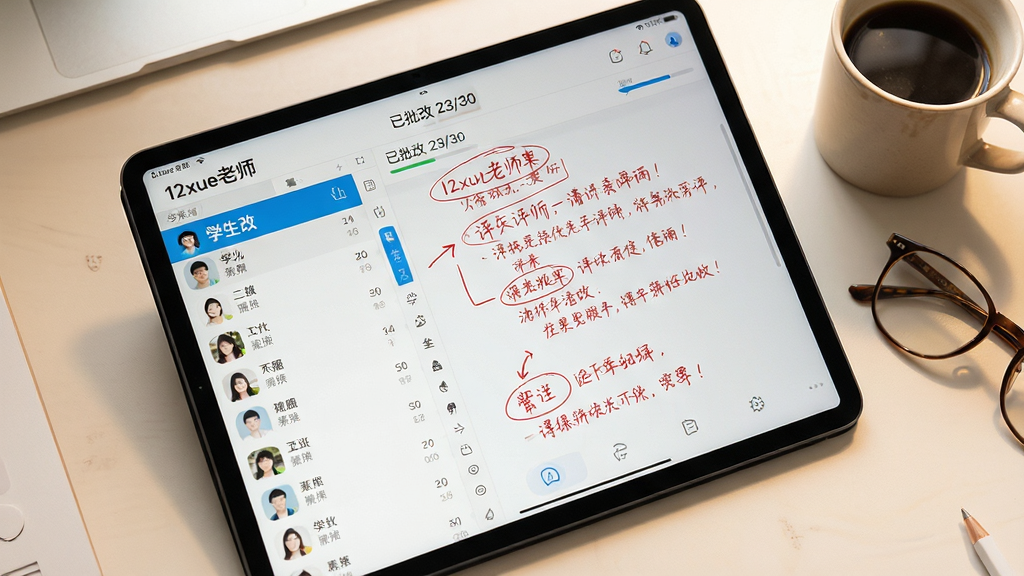 ���壺ƽ�������б���ã���Ļ��ʾ��12xue��ʦ����ҵ���Ľ��棬���ѧ���������Ҳ���ע��ʱʼ����Ա߷��п��ȱ����۾������֣�ƽ��ռ�ݻ������壬�������ף���Χ��������汳�����Ű棺����45�Ƚǣ�����ϸ�������ɶ��������ʵ������Ӱ����ů��Ȼ�⣬�칫����Χ��ϸ�ڣ���Ļ���С������� 23/30������������ɫ��עԲȦ�����ѧ�������б����������ʣ��߷ֱ��ʣ�����ɾ����޶���Ԫ�ء�