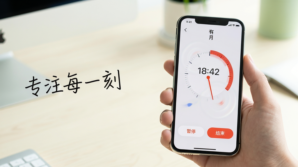 ��������Ϊһֻ�������ֻ����ֻ���Ļ��ʾ�����¡�APP�ķ����ӵ���ʱ���棬Բ�μ�ʱ����ɫָ��ָ��18:42���·��С���ͣ���͡�������������ť������Ϊģ����ǳɫ�칫������ͼ���öԽ���ʽ���֣��ֻ�λ�ڻ�������ƫ�ң�������׼���һ����д�����֡�רעÿһ�̡������Ϊ����ͨ͸�İ칫������Ӱ��ɫ����ԭľɫ����ɫ�͵���ɫΪ����ϸ�ڰ����ֻ���Ե�Ľ����������Ļ��ʱ�����Ķ�̬�С�����������Ԫ�ظɾ��޶��ࡣ