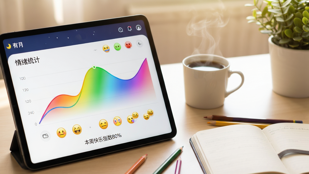 ͼ������Ϊһ��ƽ�����б������������Ļչʾ�����¡�APP������ͳ��ҳ�棬ҳ���ڰ���һ��ƽ���Ĳʺ�ɫ�������ߺͶ��Բ�α���ͼ�꣬�����·��С����ܿ���ָ��80%������������ڷ�һ��ð�����Ŀ��Ⱥ�һ�������ıʼǱ����Ա�ɢ�伸֧��ɫǦ�ʡ����ֲ�������ķ�֮��Ϊ��Ļ��д���Ҳ����׷�����ֲ��׺�����Ϊдʵ��Ӱ�����΢�ό��������ů������ϸ��������Ļͼ���������������ݱ�ǩ�ɶ������ʸ��壬����ɾ��޶������