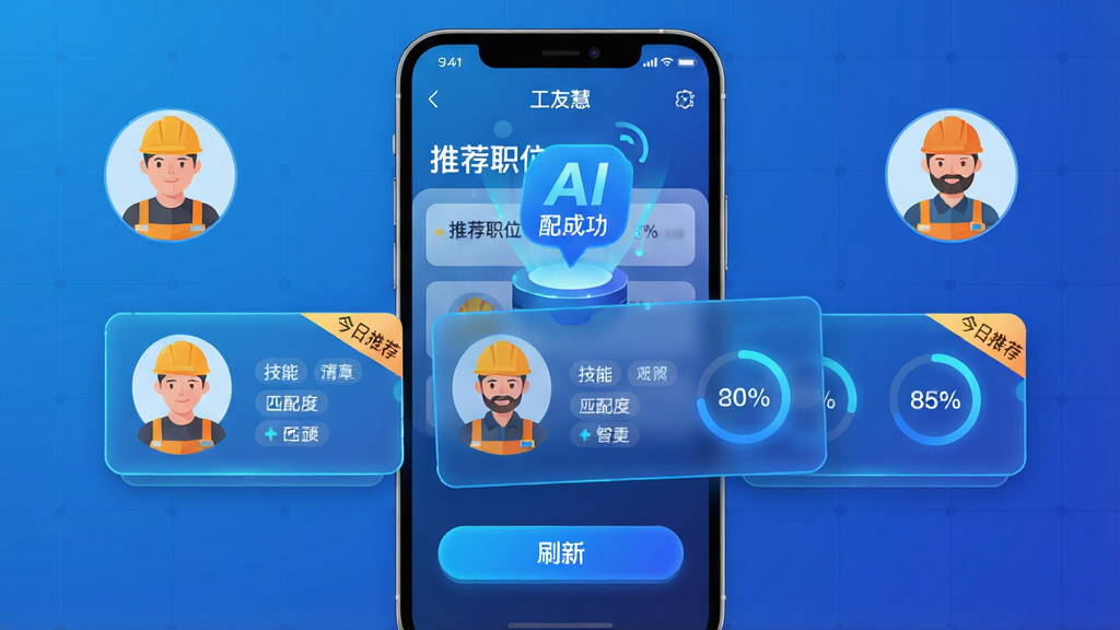 ���壺һ�������ֻ����棬չʾ�����ѻۡ�APP������ƥ����ҳ�棬�Ϸ��С��Ƽ�ְλ���������·��м��������λƥ��Ŀ�Ƭ�����֣��ֻ�λ�ڻ������룬��Ļ�Ϸ�����һ����ɫ��AIƥ��ɹ�����Ч��������ֱ��н�������ͷ��͹����ϰ��ͼ�ꡣ�Ű棺�Ƽ���Ƭ�Ժ��򻬶���ʽ���У�ÿ�ſ�Ƭ��������ͷ�񡢼��ܱ�ǩ��ƥ��Ȱٷֱȣ�ҳ���·��С�ˢ�¡���ť����񣺿Ƽ��в廭��񣬱������ý�����ɫ����UIԪ�ش��з����Ե��ͻ���㷨�����ܡ�ϸ�ڣ�ƥ����Ի��ν�����չʾ����Ƭ�ϴ��С������Ƽ����Ǳ꣬�������ִ��Ҹ��ж��С����ʣ��߷ֱ��ʣ�ɫ�ʹ�����Ȼ������ɾ����޶���Ԫ�ء�