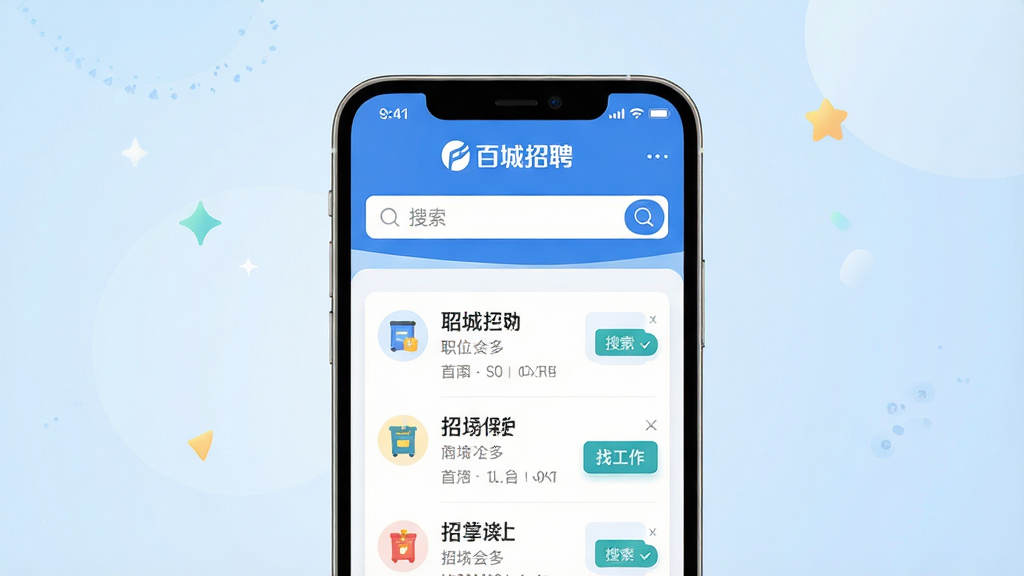 ���壺�ֻ���Ļչʾ�ٳ���ƸAPP�����棬����������ʾ���ٳ���Ƹ��Ʒ��������ְλ�б��������򡣲��֣����й�ͼ���ֻ�ռ�ݻ�����Ҫλ�ã�����Ϊ����ɫ���䡣�Ű棺�������ݼ������ͻ�����ٳ���Ƹ��logo�롰�ҹ�������ť������ִ���ƽ����ɫ���������£�ϸ�ڷḻ�����ʣ�������Ⱦ���ɾ��޶���Ԫ�ء�