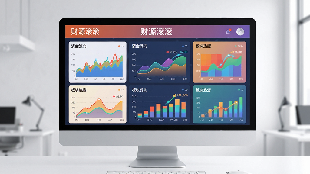 主体:一个宽大的电脑显示器或平板电脑,显示着“财源滚滚”的数据可视化看板,包含多张彩色图表。布局:屏幕占据画面主体,周围环境简洁。排版:多个图表以网格形式排列,清晰美观。风格:商务科技风,色彩鲜艳但和谐。细节:图表上有“资金流向”、“板块热度”等标签,数据动态更新效果。画质:高清晰度,画面干净,无多余元素。