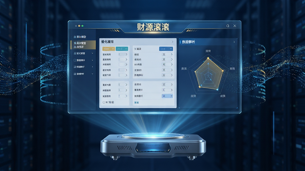 主体:一台悬浮在空中的全息投影设备,投射出“财源滚滚”的量化选股界面,界面上有各种筛选条件和雷达图。布局:投影设备在画面下方,全息影像向上展开,形成立体感。排版:画面中心对称,影像内容清晰可读。风格:未来科技感,蓝金色调,光影通透。细节:全息影像上显示着“量化模型”、“数据解析”等字样,周围有流动的数据粒子。画质:高清渲染,干净无杂质,无多余元素。